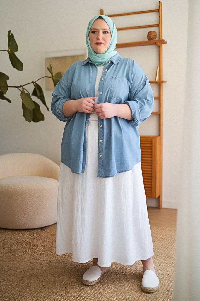 Coastal Breeze Chambray Button-Down Maxi Hijabi Outfit