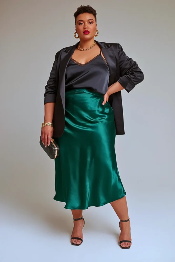 Plus Size Autumn Emerald Green Satin Slip Skirt Outfit