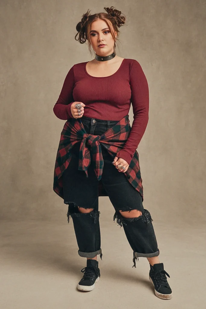 Plus Size Fall Plaid Flannel Tied Grunge Outfit