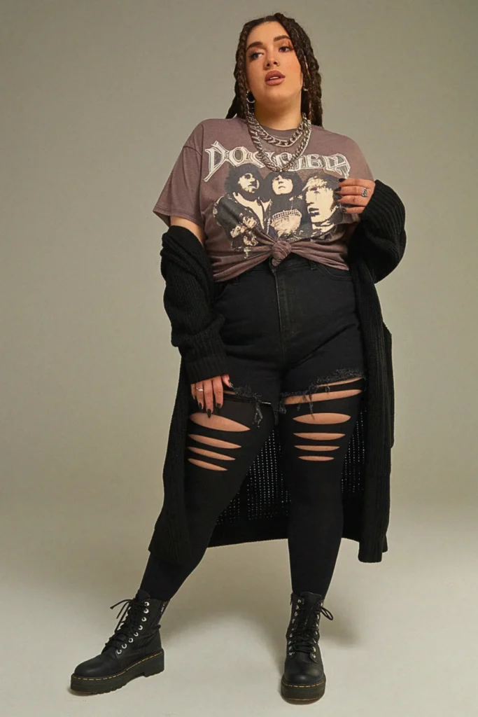Plus Size Fall Printed Band Tee Grunge Outfit