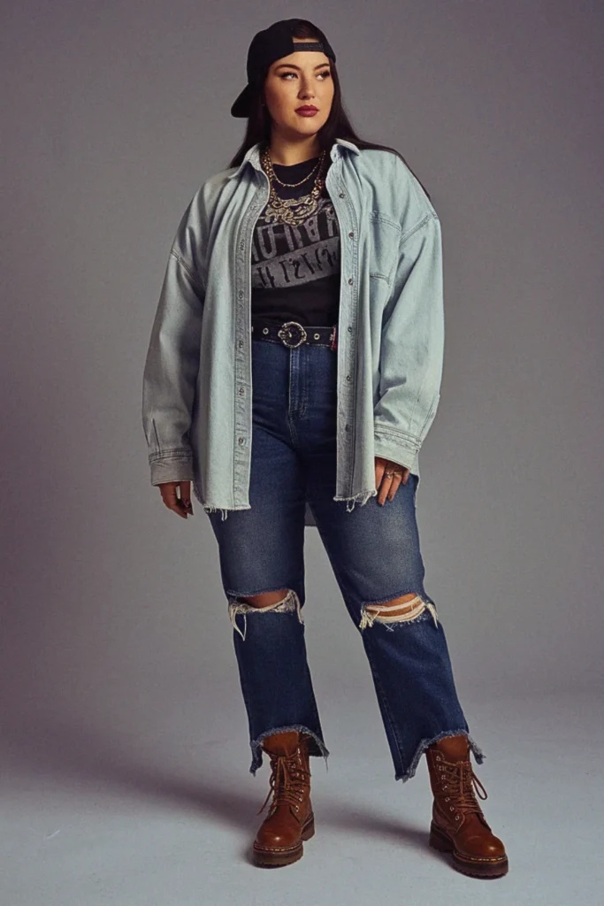 Plus Size Fall Denim-on-Denim Grunge Outfit