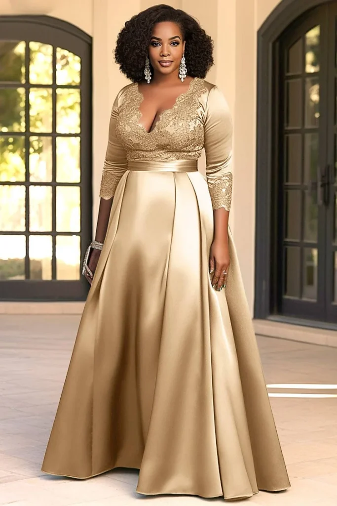 Plus Size Evening Gowns Gold V Neck 3:4 Sleeve Contrast Satin Maxi Dress