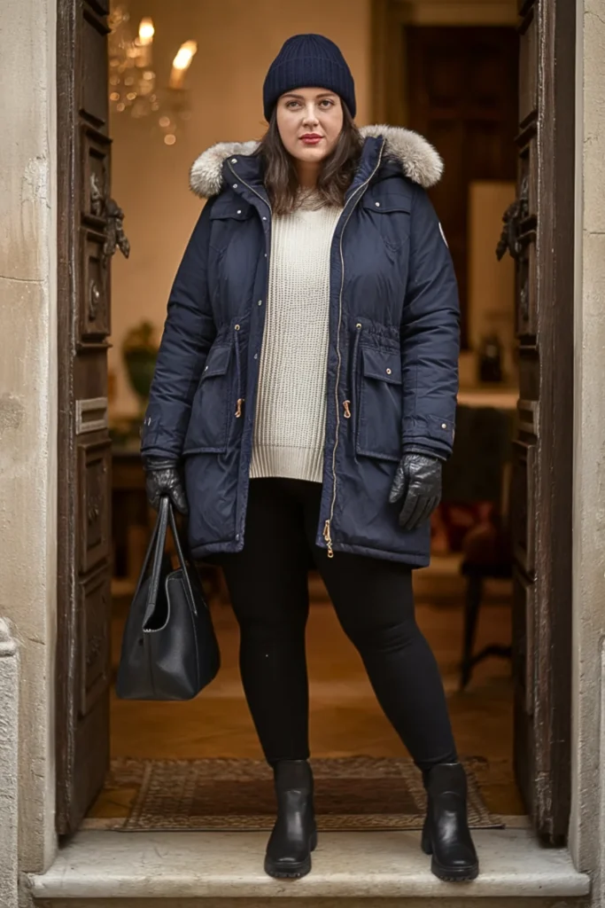 Plus Size Down Parka With Leggings Winter Outfit