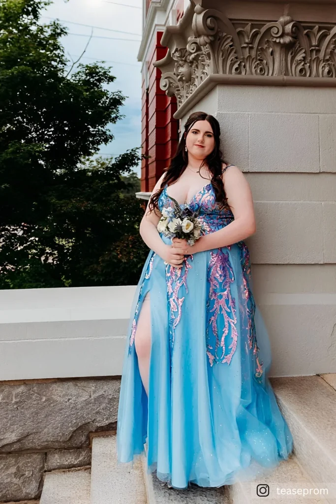 Plus Size Aqua Blue Gown with Intricate Floral Prom Dress