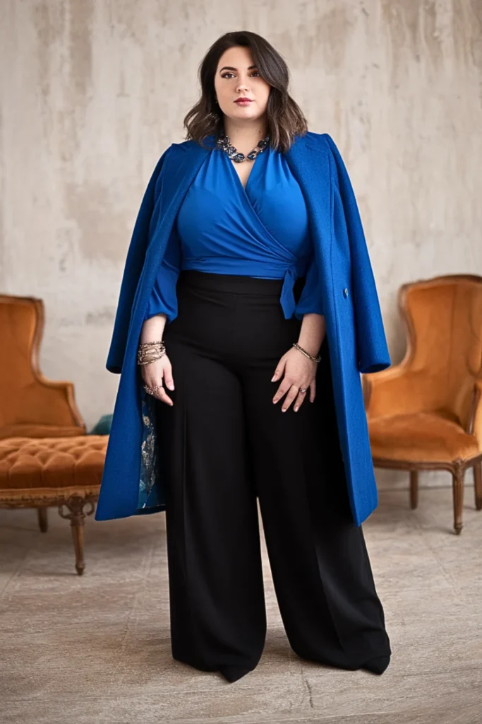 Plus Size Jewel-Toned Wrap Blouse with Palazzo Pants Winter Outfit