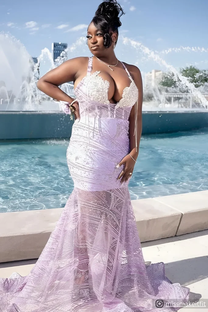 Plus Size Lavender Lace Mermaid Dress Prom Dress