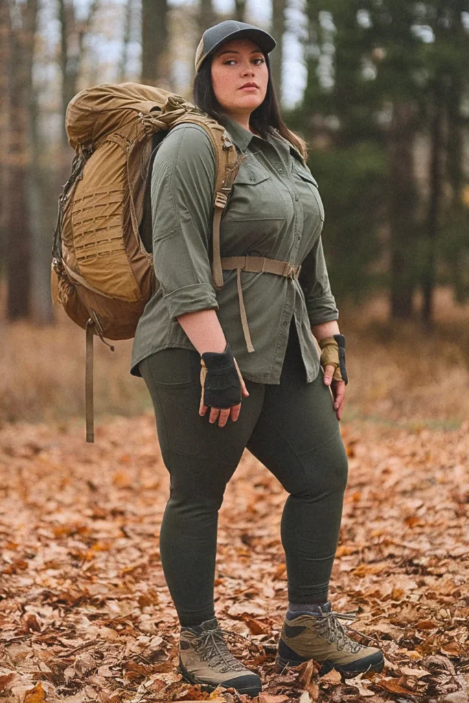 Plus Size Fall Utility Shirt with Insulated Leggings Hiking Outfit