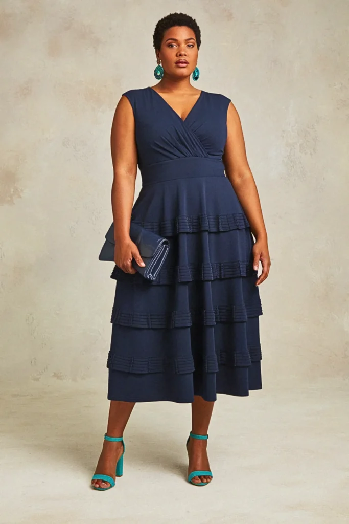 Plus Size Navy Blue Tiered Ruffle Midi Wedding Guest Dress