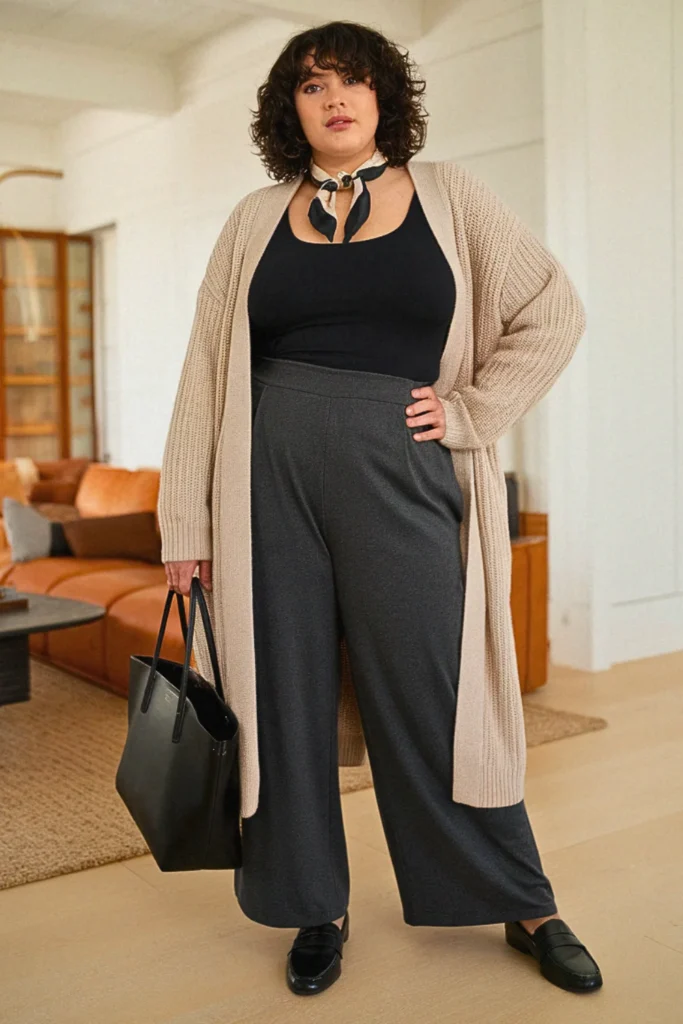 Plus Size Cardigan Coat and Wide-Leg Pant Fall Outfit