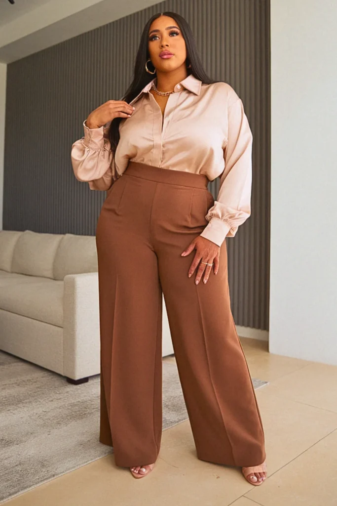 Plus Size Wide-Leg Trousers and Silk Blouse Dressy Fall Outfit