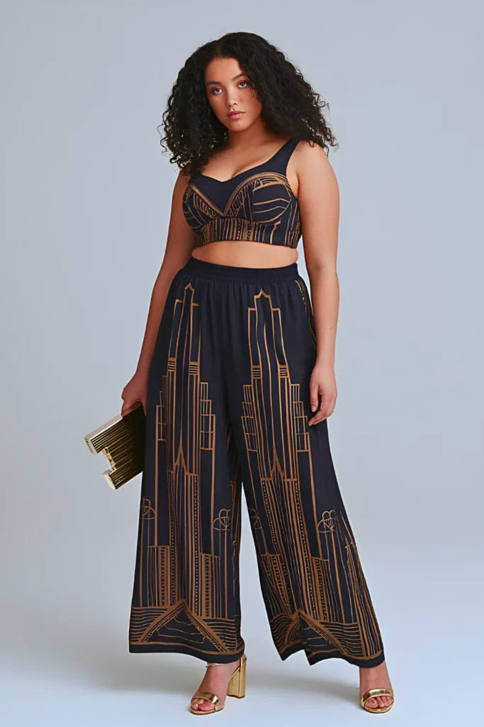 Plus Size Art Deco Palazzo Pants & Crop Top Set