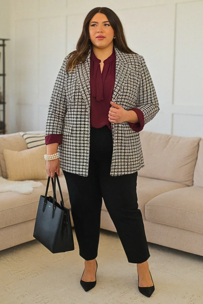 Plus Size Houndstooth Blazer Classic Fall Outfit