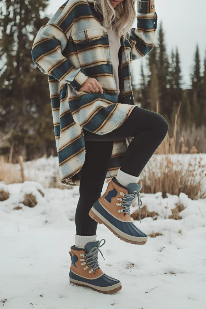 Winter flannel shirt, leggings and rugged snow Boots Outfit