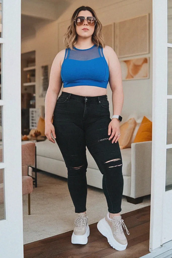 Plus Size Summer Mesh Panel Athletic Top with Black Skinny Jeans Outfit