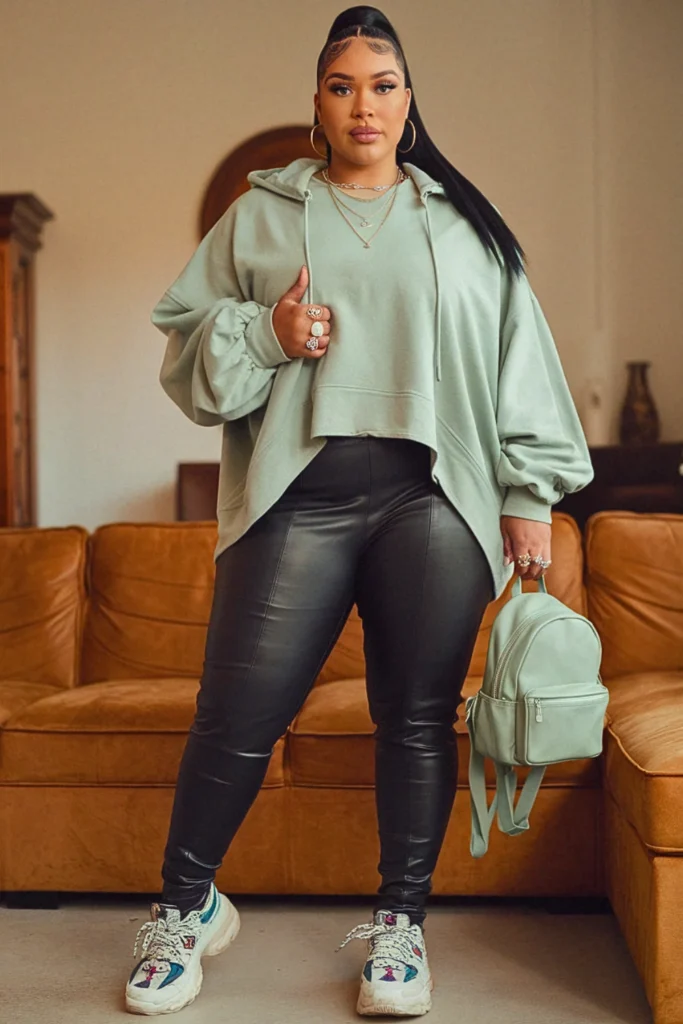 Plus Size Hoodie and Leather Pants Fall Outfit
