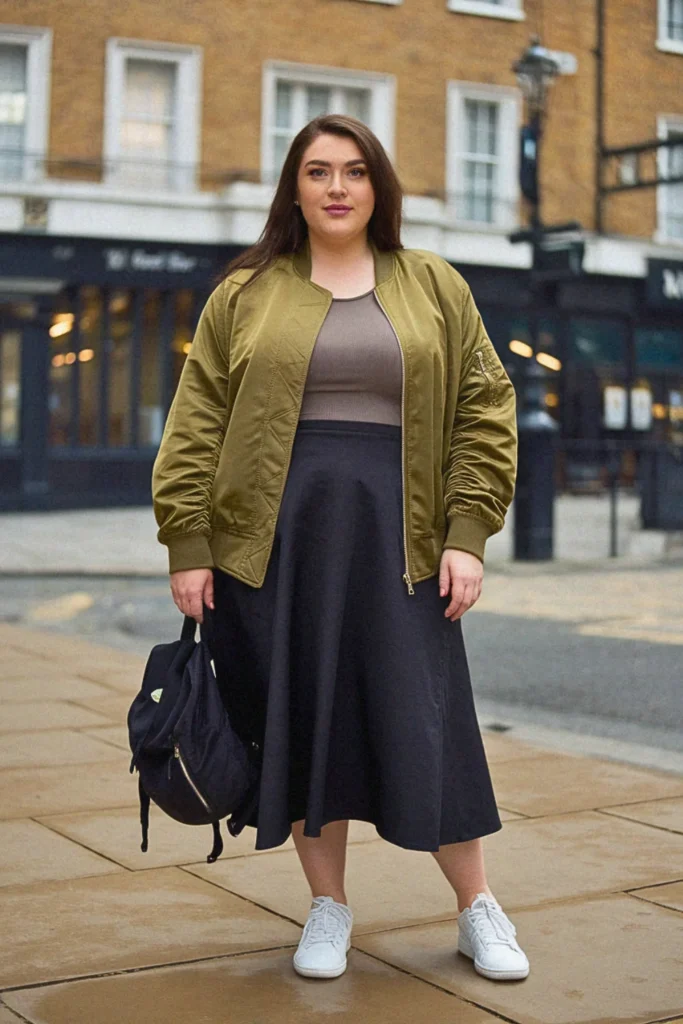 Plus Size Bomber Jacket And Midi Skirt Fall Outfit