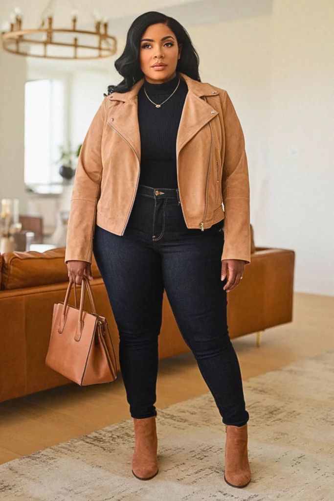 Plus Size Tan Suede Jacket Casual Fall Outfit