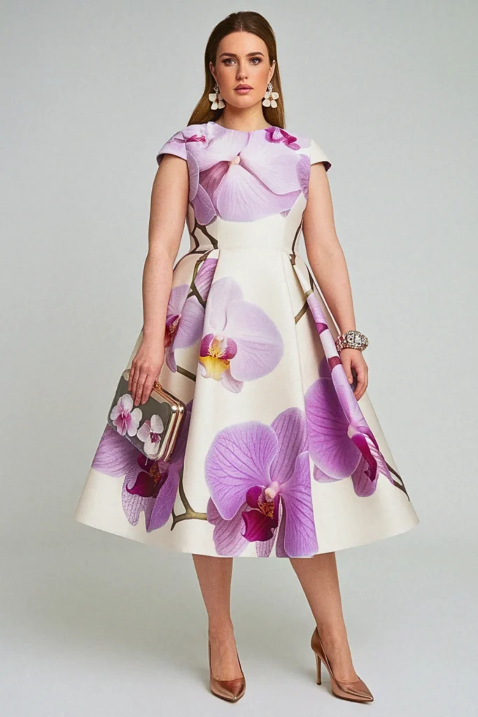 Modern Orchid Digital Print Plus Size Floral Wedding Guest Dress
