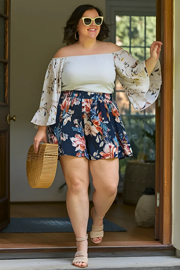 Plus Size Off-the-Shoulder Top and Floral Shorts Spring Mom Outfit