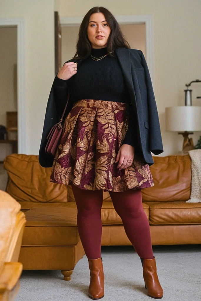 Plus Size Jacquard Short Fall Skirt Outfit