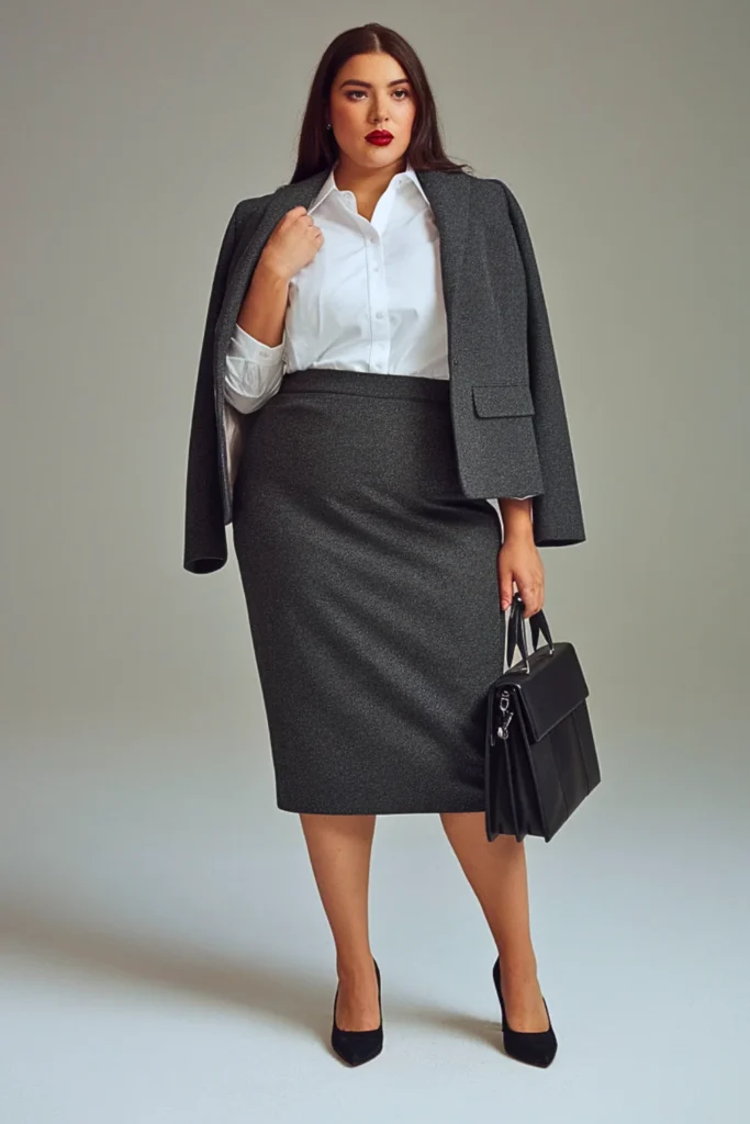 Plus Size Autumn Charcoal Gray Tweed Pencil Skirt Outfit
