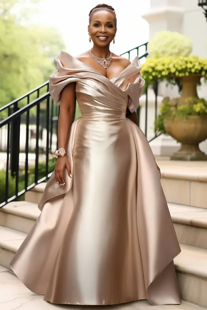 Plus Size Formal Champagne V Neck Short Sleeve Peplum Satin Maxi Dress