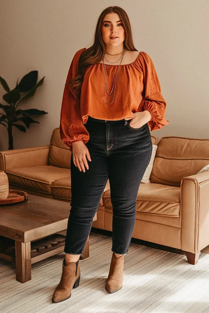 Plus Size Casual Peasant Blouse Date Night Fall Outfit