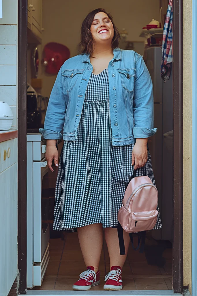 Plus Size Gingham Sundress and Red Sneakers Spring Mom Outfit