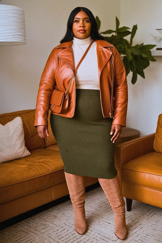 Plus Size Leather Moto Jacket and Midi Skirt Fall Outfit