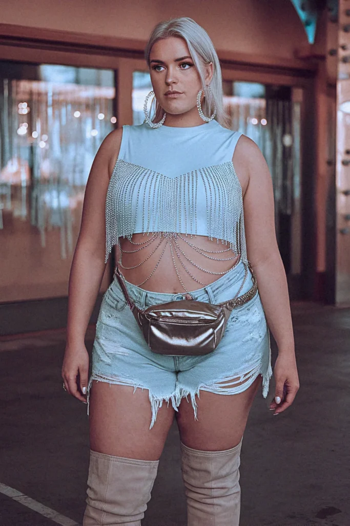 Plus Size Summer Crystal Fringe Top and Denim Shorts Vegas Outfit