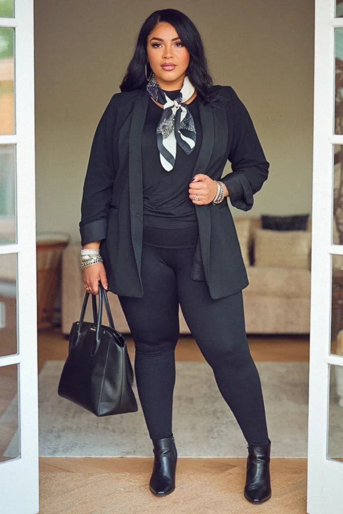 Plus Size Fall Black Blazer and Leggings Mom Outfit