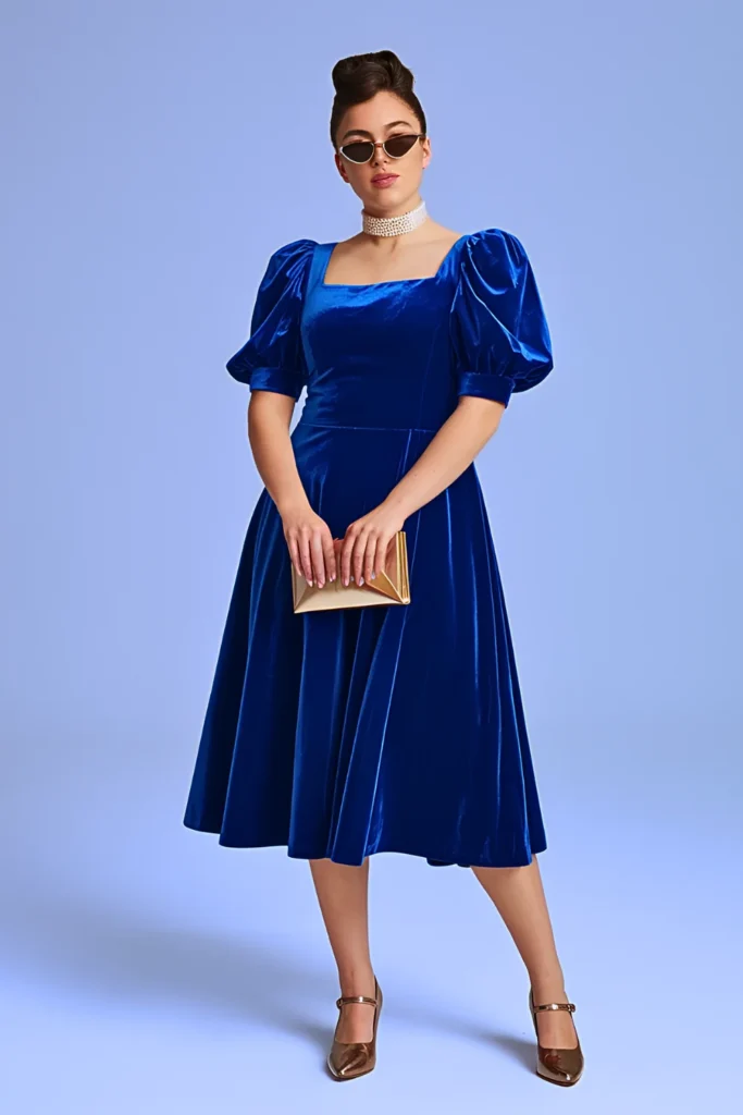Spring Royal Blue Velvet Midi Dress Retro Outfit