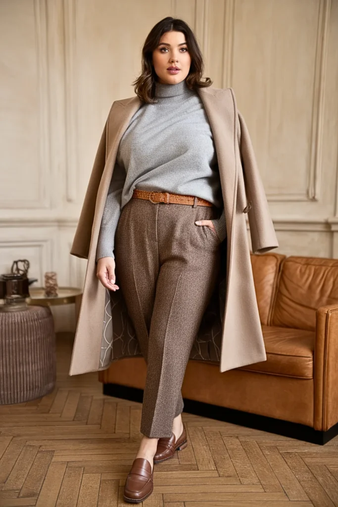 Plus Size Cashmere Blend Sweater with Tweed Pants and Loafers Winter Outfit
