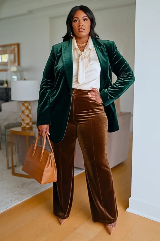 Plus Size Soft Forest Green Velvet Blazer Autumn Outfit