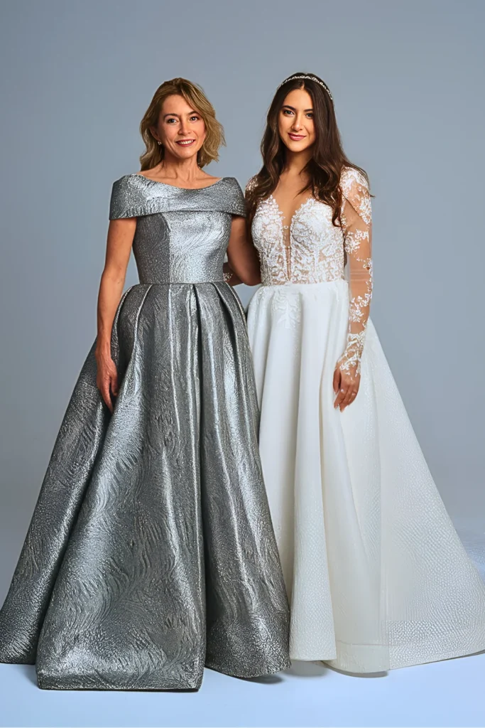 Elegant Silver Metallic Jacquard Mother of the Bride Dress