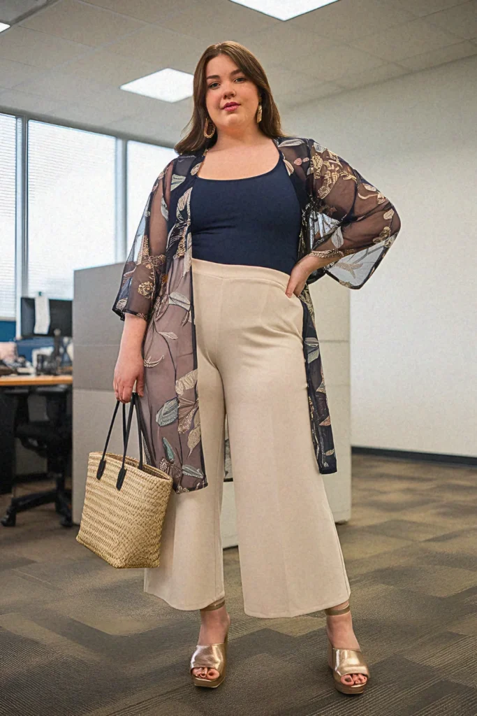 Plus Size Summer Mixed Print Kimono Topper Office Outfit