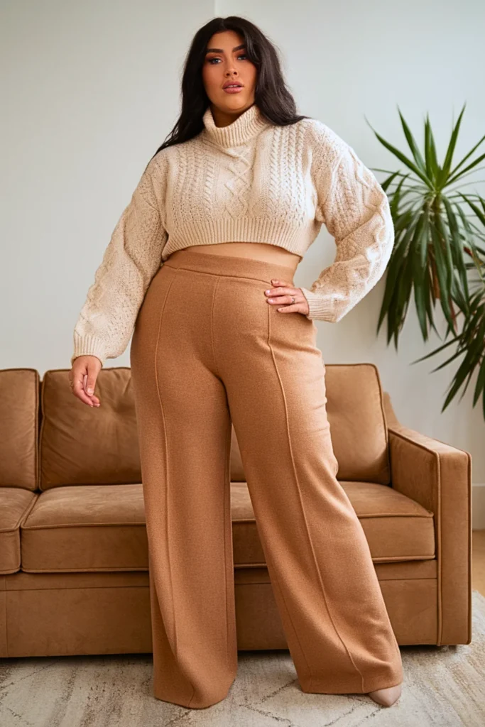 Plus Size Wide-Leg Trousers Cropped Sweater Fall Winter Outfit