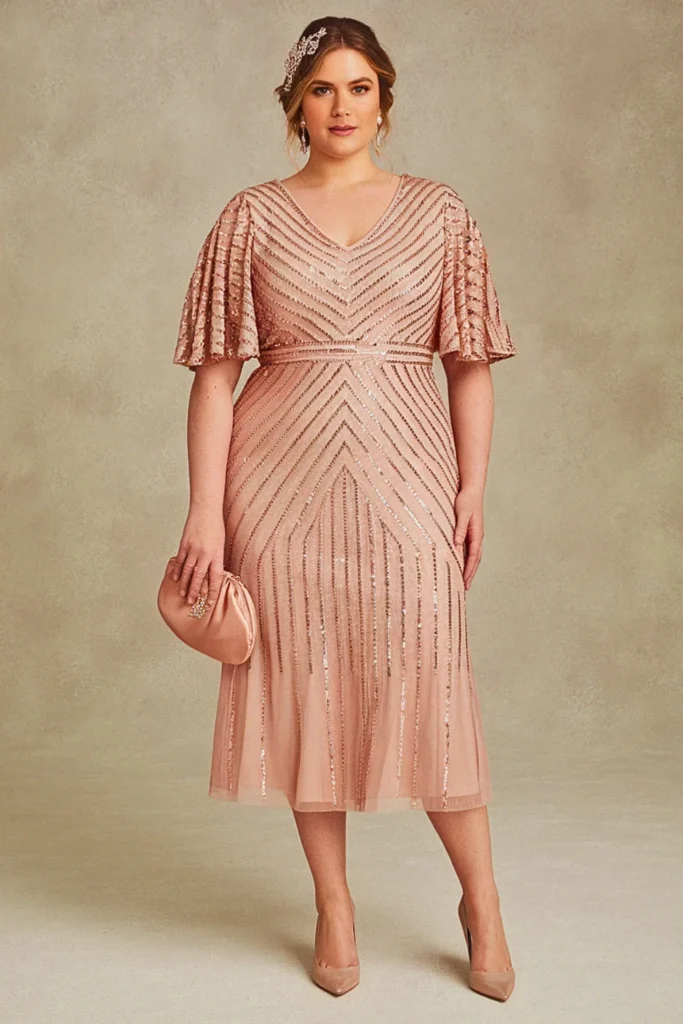Plus Size Rose Gold Sequin Cocktail Wedding Guest Dress