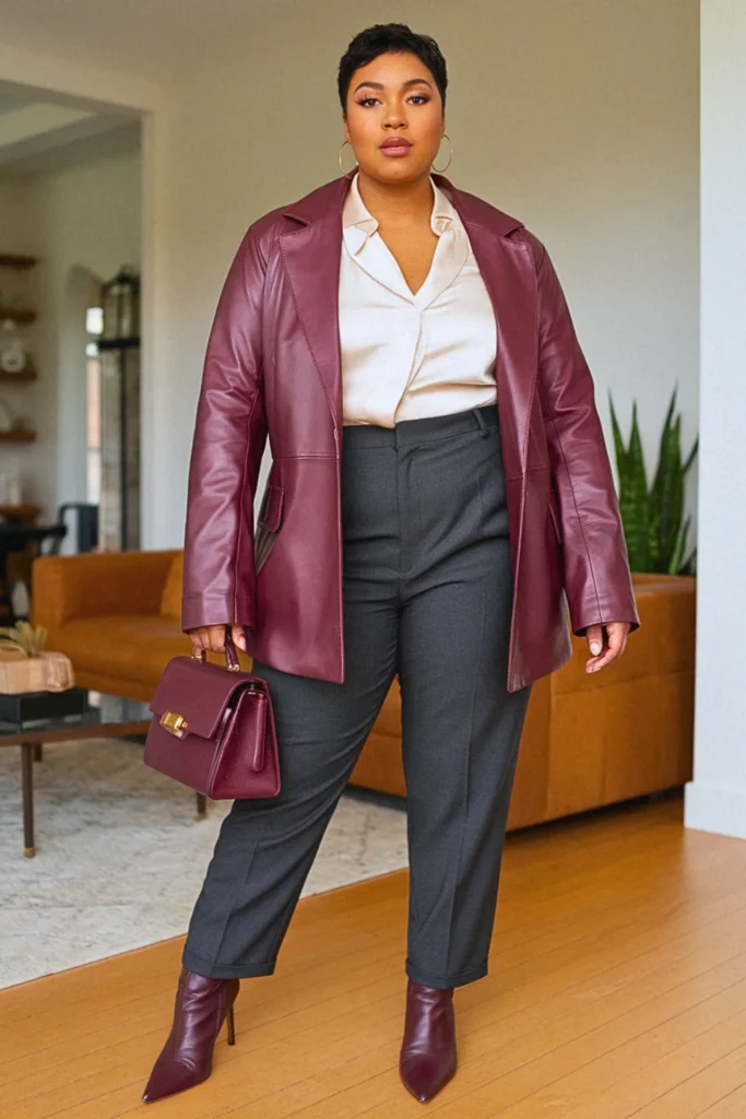 Plus Size Burgundy Leather Blazer Business Fall Outfit