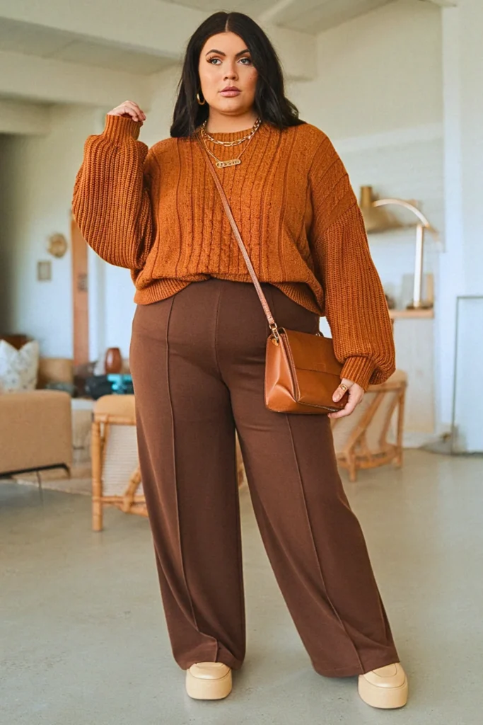 Plus Size Fall Oversized Cable Knit Sweater With Wide Leg Trousers Comfy Outfit