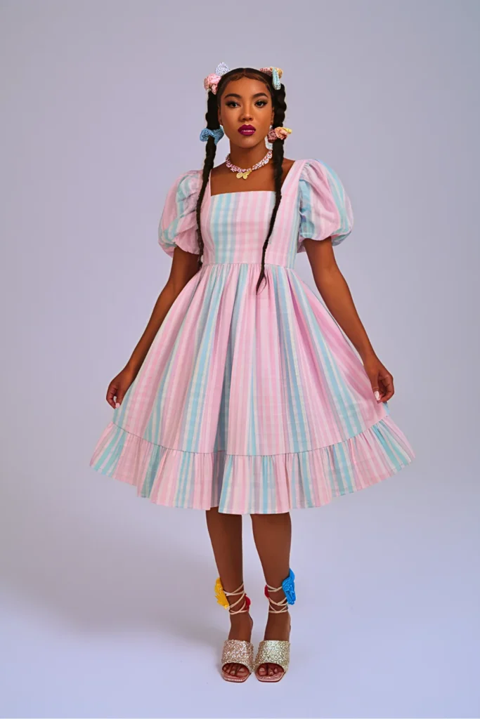 Pastel Gingham Baby Doll Dress and Jelly Sandals Picnic Spring Attire
