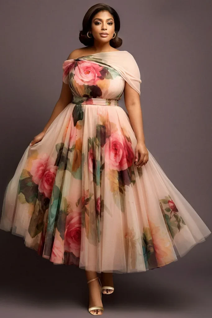 Plus Size Wedding Guest Multicolor Floral Off The Shoulder Pocket Tulle Midi Dress