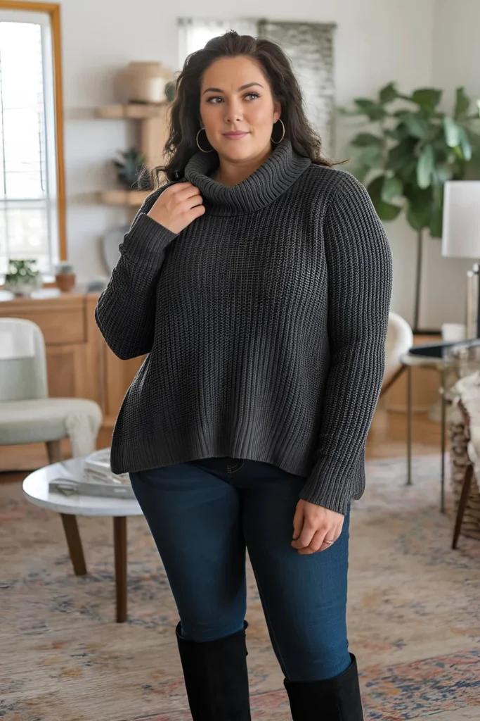 Winter Curvy Mom Cowl Neck Sweater and Jeans Outfit