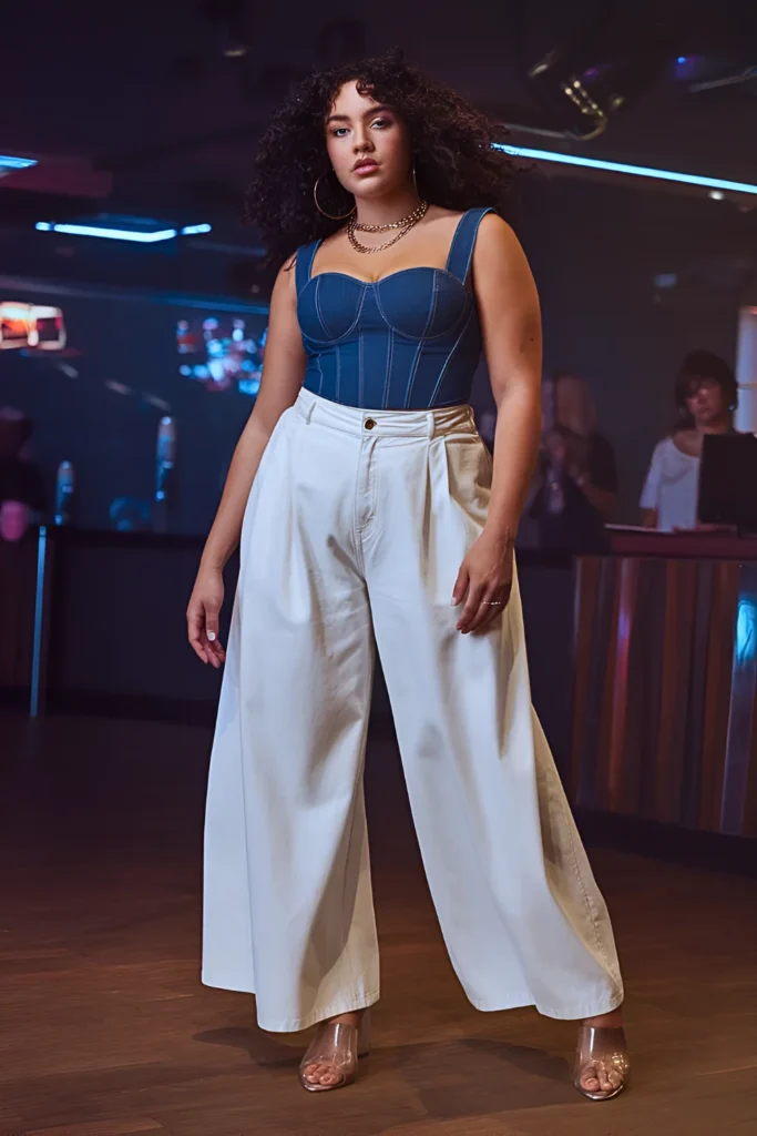 Plus Size Denim Corset Top and Wide-Leg Trousers Summer Club Outfit