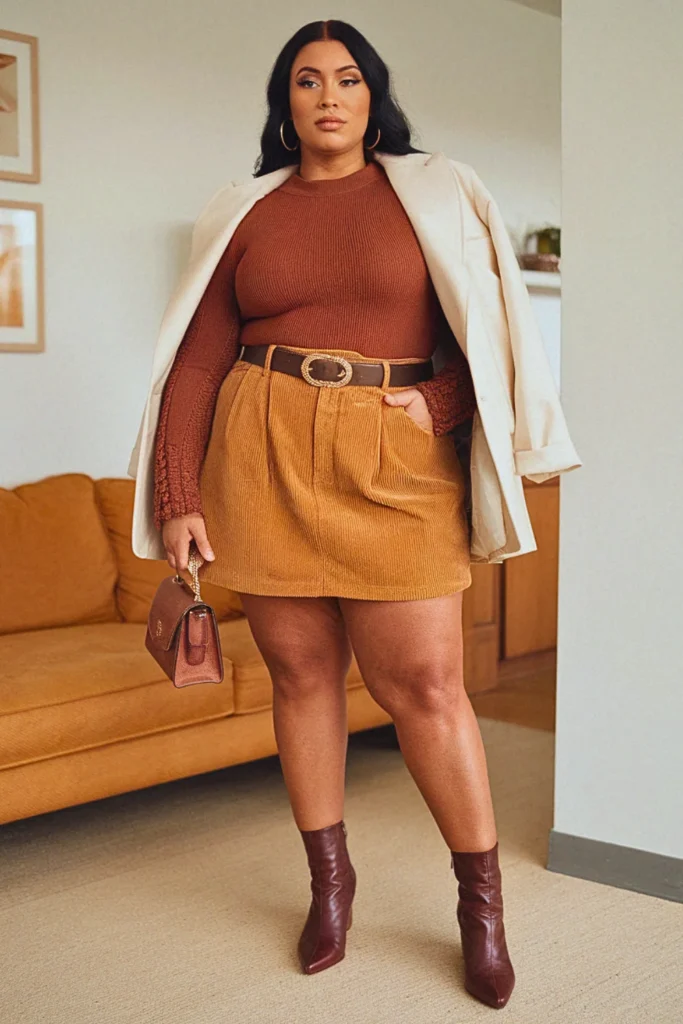 Plus Size Corduroy Short Fall Skirt Outfit
