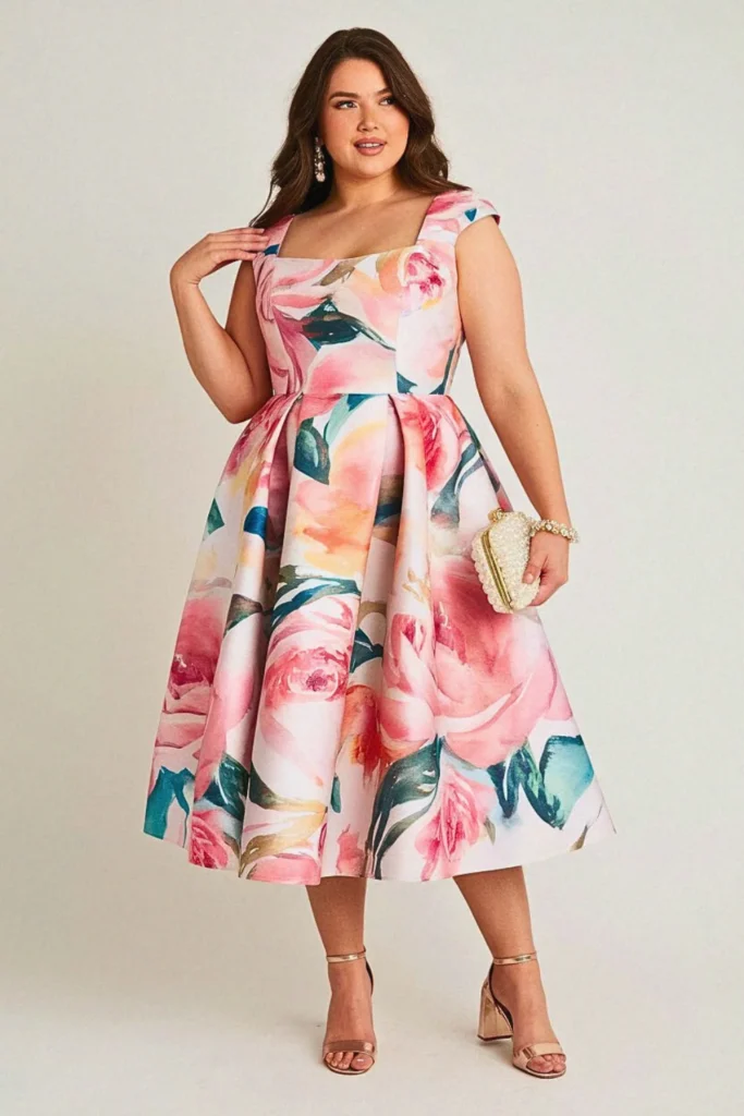 Watercolor Peony Midi Plus Size Floral Wedding Guest Dress