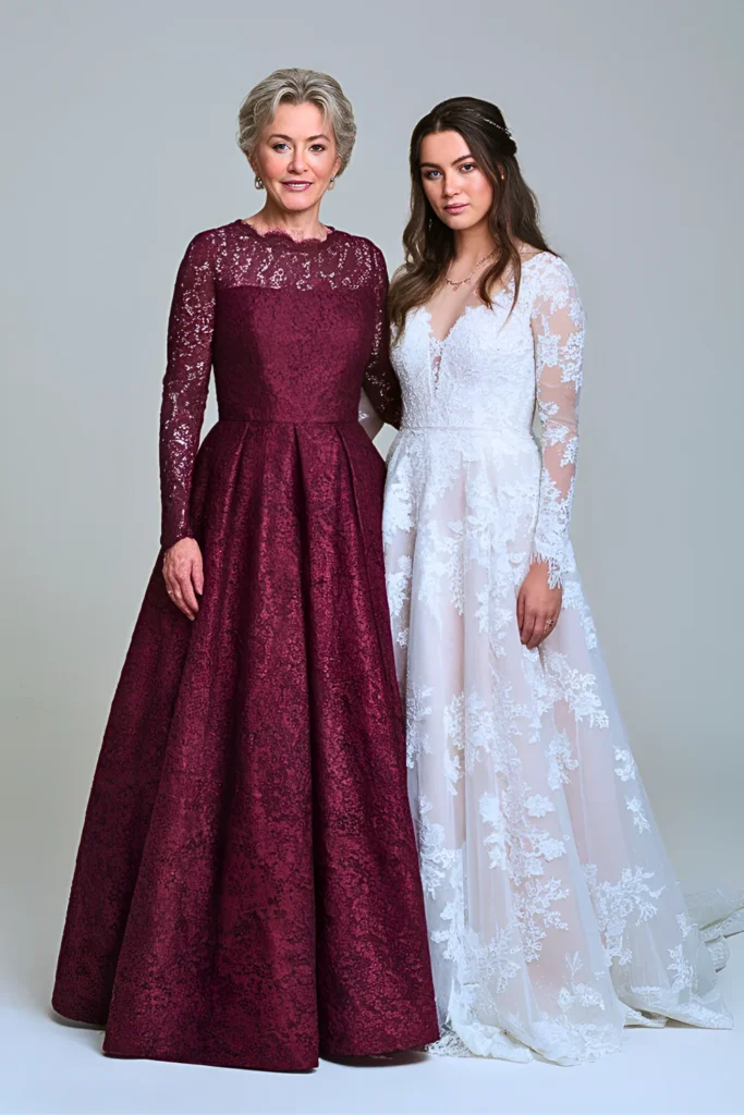 Elegant Long Sleeve Burgundy Lace Mother of the Bride Dress