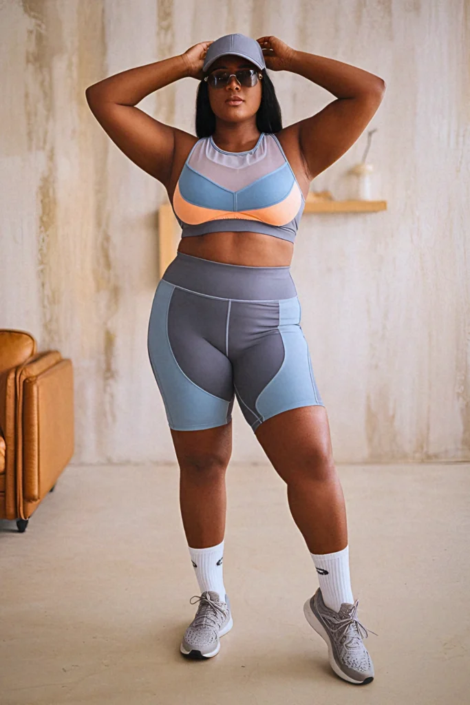 Plus Size Summer Color-Blocked Athletic Shorts and Mesh Tank Outfit