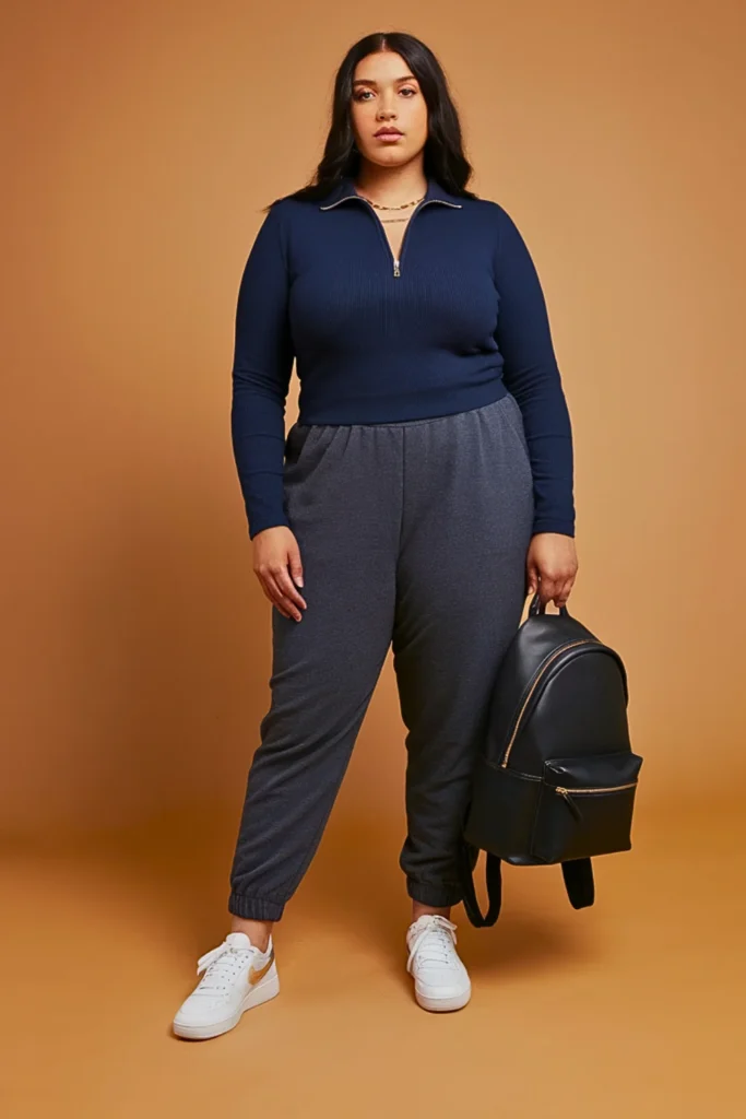Plus Size Casual Quarter-Zip Pullover and Jogger Pants Autumn Outfit