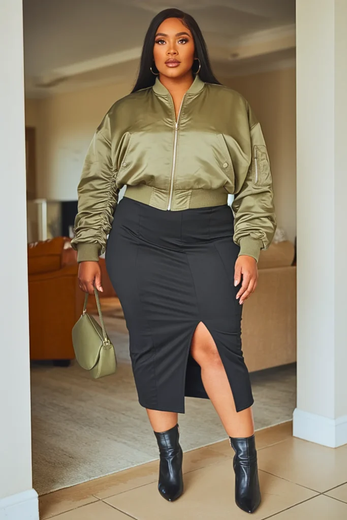 Plus Size Bomber Jacket Pencil Skirt Fall Winter Outfit